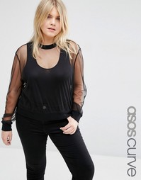 Трикотажный топ с сетчатым верхним слоем ASOS CURVE - Черный