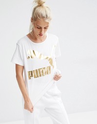 Свободная футболка с золотистым логотипом Puma - Белая пума