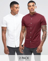 ASOS Skinny Twill Shirt 2 Pack In White And Burgundy SAVE 17%