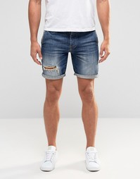 Рваные джинсовые шорты слим ASOS - Темный синий