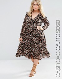 Платье миди с пуговицами и длинными рукавами ASOS CURVE - Мульти