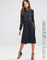 ASOS TALL Long Sleeve Midi Dress with Lace Insert - Черный