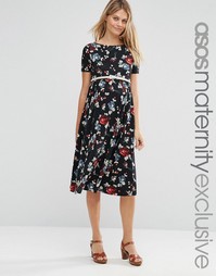 ASOS Maternity Floral Belted Midi Dress - Black base floral