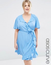 Платье мини с запахом и рюшами ASOS CURVE - Синий