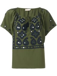 drawstring neck embroidered blouse Tory Burch