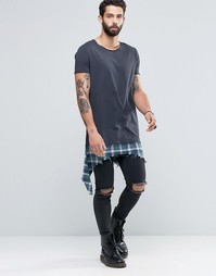 Удлиненная футболка с клетчатой вставкой по низу ASOS