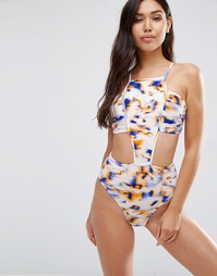 Слитный купальник с принтом и высокой горловиной ASOS - Bright smudge