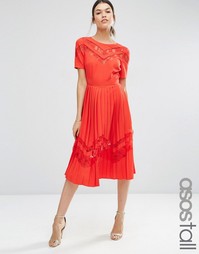 ASOS TALL Premium Pleated Midi Dress with Lace Inserts - Красный