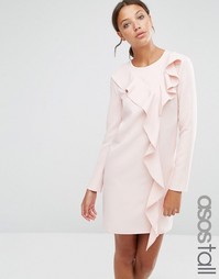 ASOS TALL Long Sleeve Shift Dress With Ruffle Front - Blush