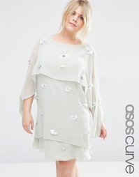 Многослойное платье миди с отделкой 3D ASOS CURVE - Серый