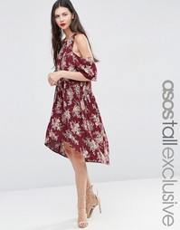 ASOS TALL Midi Dress in Floral Print with Cold Shoulder - Мульти