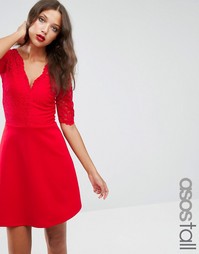 Короткое приталенное платье с кружевным лифом ASOS TALL - Красный