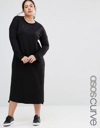 ASOS CURVE Casual Column Midi Dress With Long Sleeve - Черный