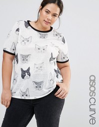 Футболка с эскизным кошачьим принтом ASOS CURVE - Белый