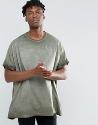 Oversize-футболка пигментного крашения цвета хаки с отворотами ASOS