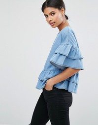 Джинсовый топ с оборками ASOS - Светло-голубой