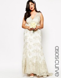 Кружевное платье макси со шлейфом ASOS CURVE BRIDAL - Золотой