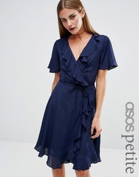 ASOS PETITE Wrap Midi Tea Dress in Plain - Темно-синий