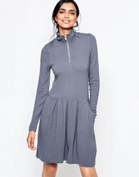 Ganni Lake Wood Dress with Wide Pleat Skirt and Zip Through Neck