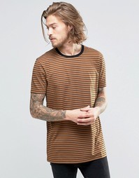 ASOS Longline T-Shirt With Stripe In Brown/Black