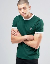 Зеленая футболка с белыми горловиной и манжетами Fred Perry