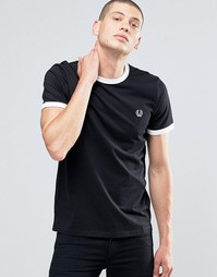 Черная футболка с белыми горловиной и манжетами Fred Perry
