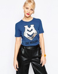 Футболка с серебристым логотипом Love Moschino - Синий