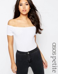 Боди в рубчик с вырезом лодочкой и короткими рукавами ASOS PETITE - Черный