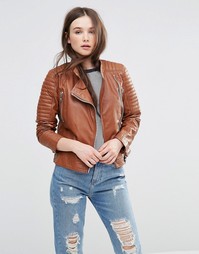 Кожаная байкерская куртка со стегаными вставками и пряжками Barneys Originals - Рыжий