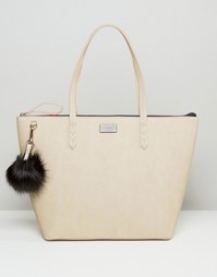 Сумка-тоут под крокодиловую кожу телесного цвета с помпоном из меха Pauls Boutique Conner - Бежевый