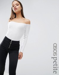 Боди в рубчик с длинными рукавами и открытыми плечами для ASOS PETITE - Белый