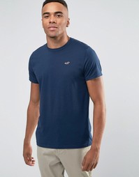 Темно-синяя футболка узкого кроя с круглым вырезом и логотипом Hollister - Темно-синий