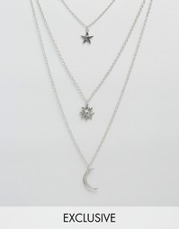 Многослойное ожерелье с солнцем, месяцем и звездами Reclaimed Vintage - Серебряный