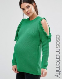 Джемпер крупной вязки для беременных с вырезами на плечах и рюшами ASOS Maternity - Зеленый