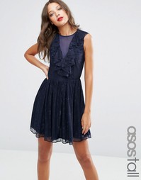Кружевное короткое приталенное платье с оборкой ASOS TALL - Темно-синий
