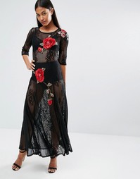 Кружевное платье макси с цветочной вышивкой Boohoo - Черный