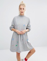 Трикотажное платье в стиле oversize с принтом Lazy Oaf - Серый