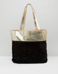 Замшевая сумка-шоппер с кожаной вставкой цвета металлик Urbancode - Золотой