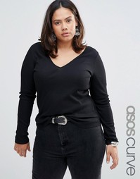 Облегающий меланжевый топ с V-образным вырезом ASOS CURVE - Черный