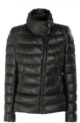 Кожаный пуховик с косой молнией и высоким воротником Moncler
