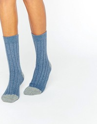 Johnstons of Elgin Blue Cashmere Colour Block Ribbed Socks - Синий