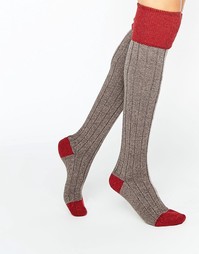 Johnstons of Elgin Red Cashmere Colour Block Knee High Socks - Красный