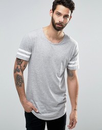 Удлиненная футболка с полосками на рукавах и асимметричным краем Only and Sons - Серый