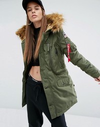 Парка с искусственным мехом на капюшоне и нашивками Alpha Industries - Зеленый