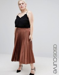Плиссированная юбка миди из атласа ASOS CURVE - Коричневый
