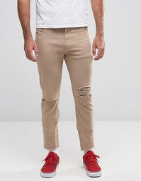 Потертые брюки скинни песочного цвета с 5 карманами ASOS - Stone