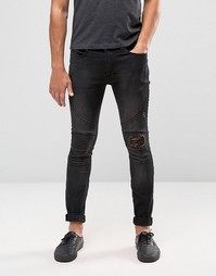 Зауженные эластичные джинсы в байкерском стиле с рваной отделкой на коленях Religion - Черный