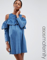 Джинсовое платье с открытыми плечами ASOS Maternity - Синий