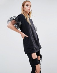 Oversize-футболка с прозрачными рукавами с оборками Reclaimed Vintage - Черный