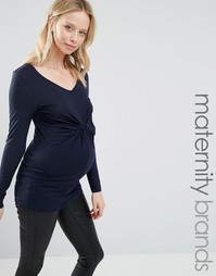 Трикотажный топ с длинными рукавами и узелком спереди Mamalicious - Темно-синий Mama.Licious